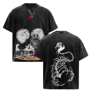 Attack on Titan Mikasa, Eren Anime Double Printed Vintage Washed Tee – Unisex Oversize Anime Manga Washed Heavyweight Cotton T-Shirt