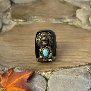Antique Gold Created Turquoise Howlite Buddha Ring, Handmade Ring, Statement Jewelry