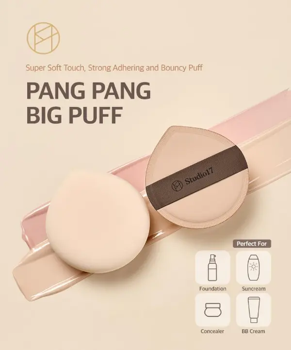 STUDIO17 Pang Pang Makeup Powder Puff 1 Pc | Big Makeup Sponge for Foundation | Fluffy Cushion Puff Blender With Latex | Korean Makeup Puff for Foundation and Powder | 2.2In Diamater