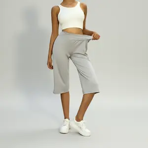 Women's Casual Tumny Contol High Waist Fited Wide Leg Capri Pants Buton Hem Loose Fit Cropped Trousers Summer Shorts Beach Vacation Lounge Daily Work Outfits Solid Black Stretchy, Soft, Breathable, Lightweight, Elastic Spring Break Plus Size