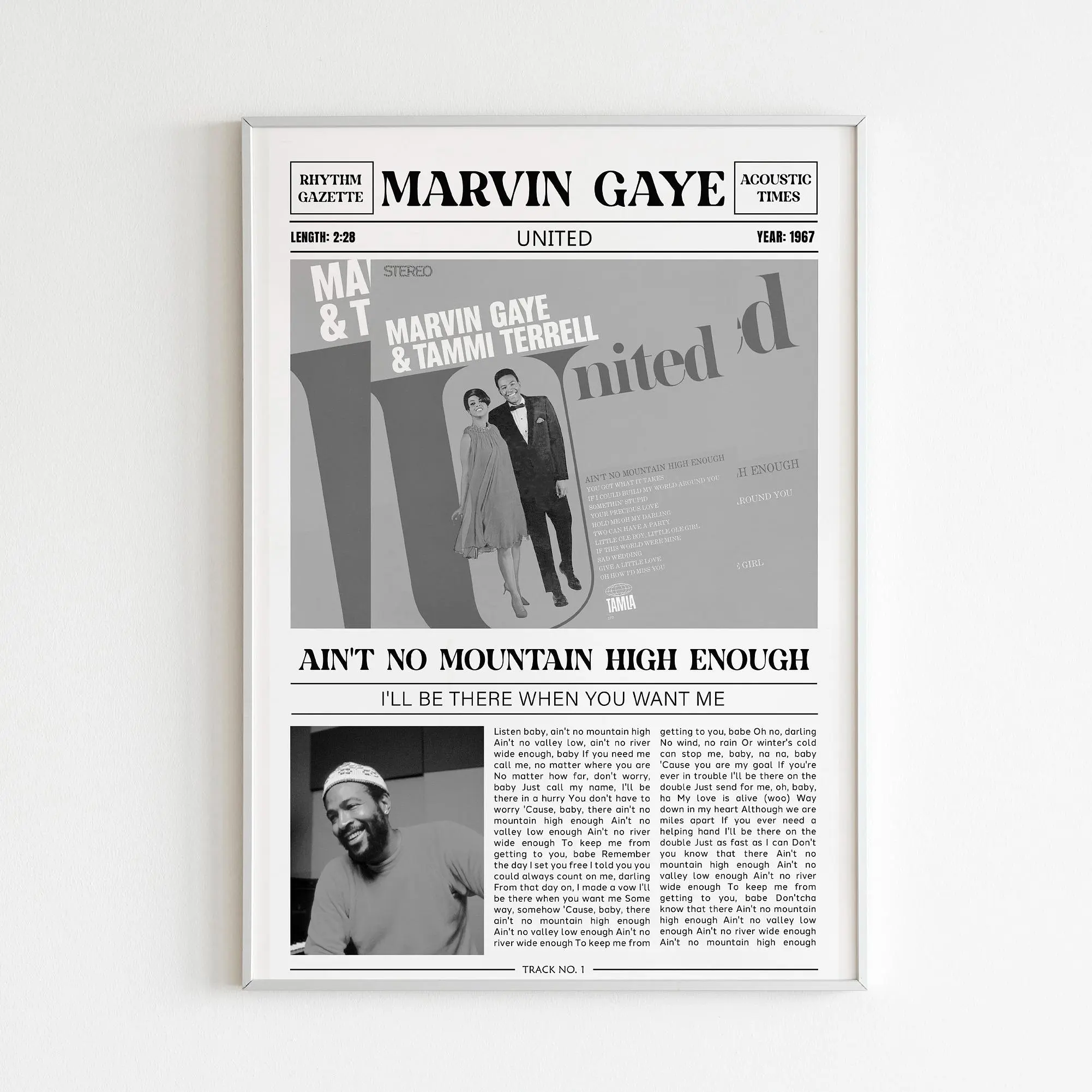 Marvin Gaye Retro Newspaper Print / Ain't No Mountain High Enough Poster No Frame / Lyrics Print / United Poster / Music Gift