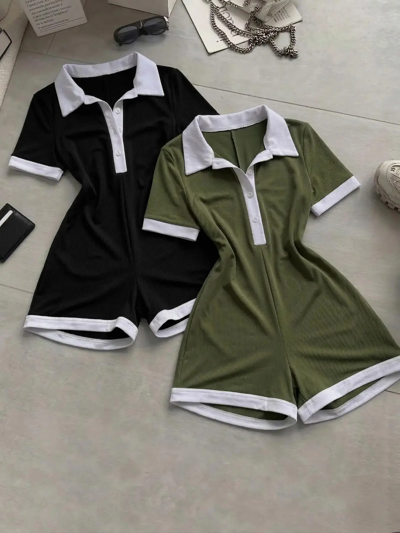 Women's Contemporary 2-Piece Colorblock Lapel Design Waist Cinching Jumpsuit Set, Comfortable Casual Daily Commute, Sporty Outdoors Wear, Athletic Jumpsuits, Fashionable Street Fashion, coordinated look