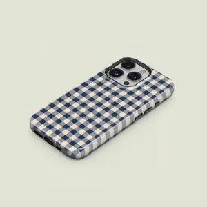 Mini Gingham Navy & Cream iPhone 17/16/15/14/13 Pro Max Case, Magsafe Compatible, Durable Shockproof Design, All-Over Protective Cover