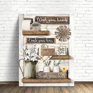 1pc Wooden Frame Canvas Painting Farmhouse Bathroom Canvas Poster Country Bathroom Picture Painting Home or Office Bathroom Living Room Decoration Country Canvas Wall Art Decoration with Frame Ready to Hang Holiday Gift for Her or Him, 11.8inx 15.7inch