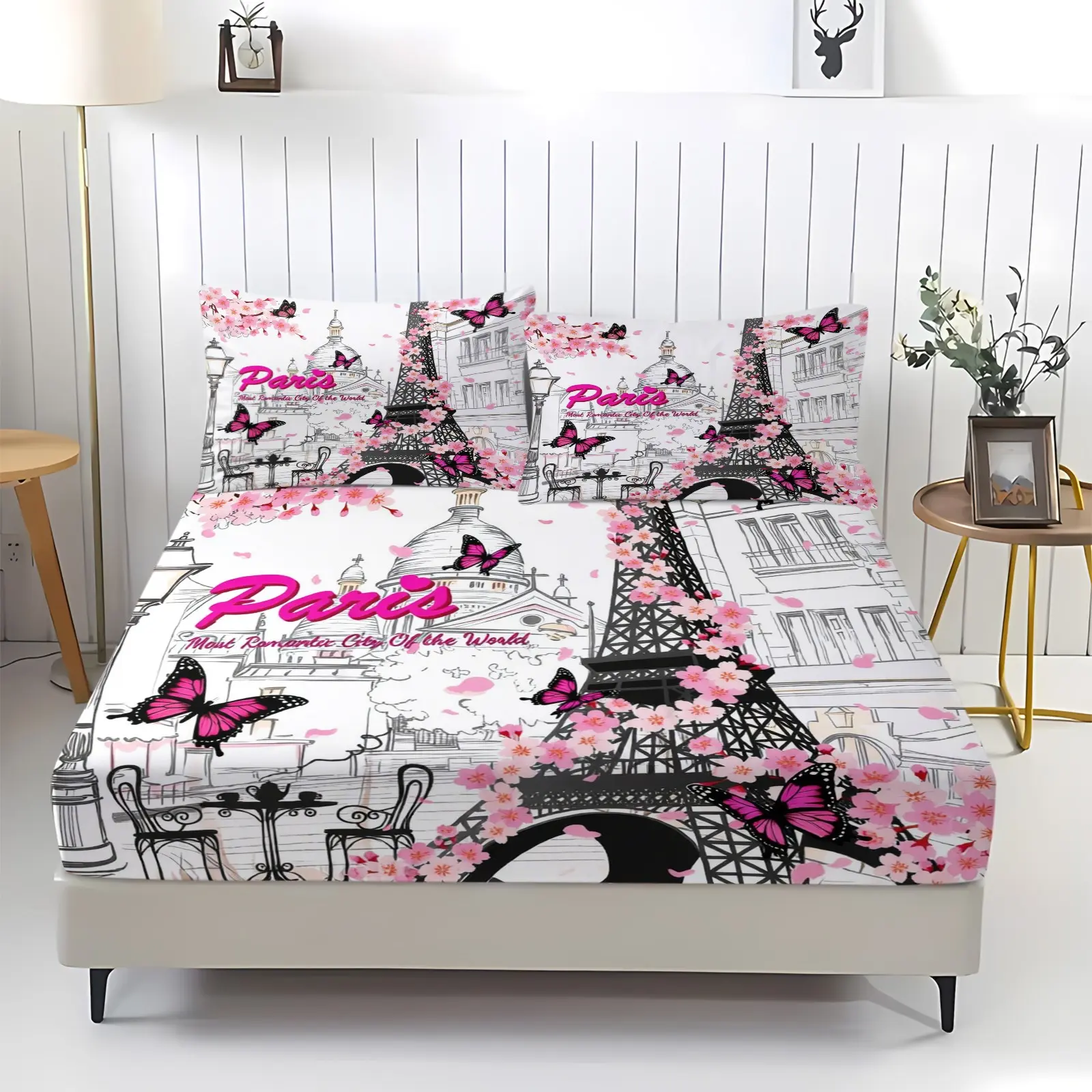 Paris Eiffel Tower Fitted Sheet Set, 1 Fitted Sheet with 2 Pillowcases, Romantic Pink Cherry Blossom Butterfly Bedding for Bedroom, Dorm & Guest Room, Decor for Adults