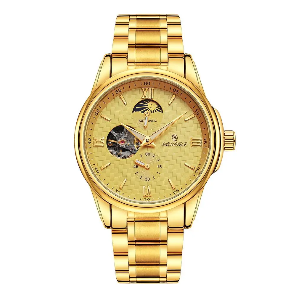 Classic Fashion Men's Watch, Gold Accent Automatic Mechanical Wristwatch with Stainless Steel Band, Luminous Roman Numerals & Date Window, Automatic Mechanical Wrist Watches, Classic Fashion Men's Watches