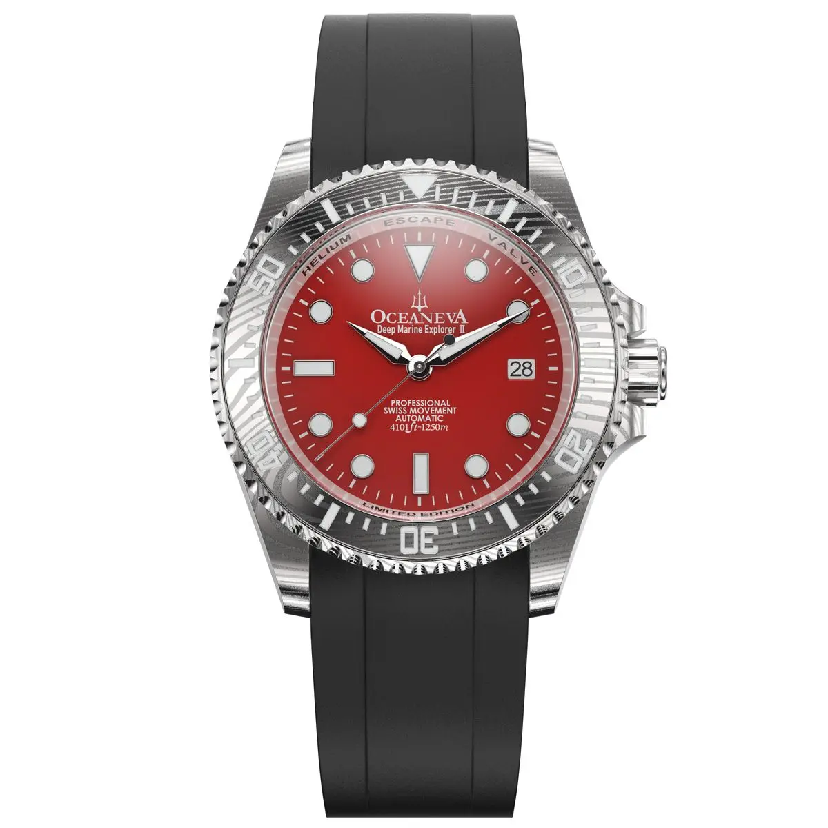 Oceaneva Men's Deep Marine Explorer II - 1250M Swiss Dive Watch with Damascus Steel Red Dial & FKM Rubber Band