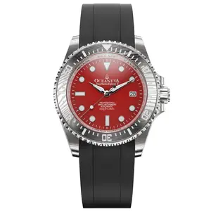 Oceaneva Men's Deep Marine Explorer II - 1250M Swiss Dive Watch with Damascus Steel Red Dial & FKM Rubber Band