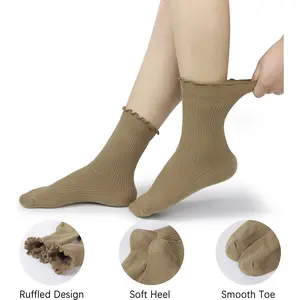 Women's 6 Pairs Solid Frill Trim Crew Socks with Ruffled Design Soft Heel & Smooth Toe for Autumn Winter Daily Wear