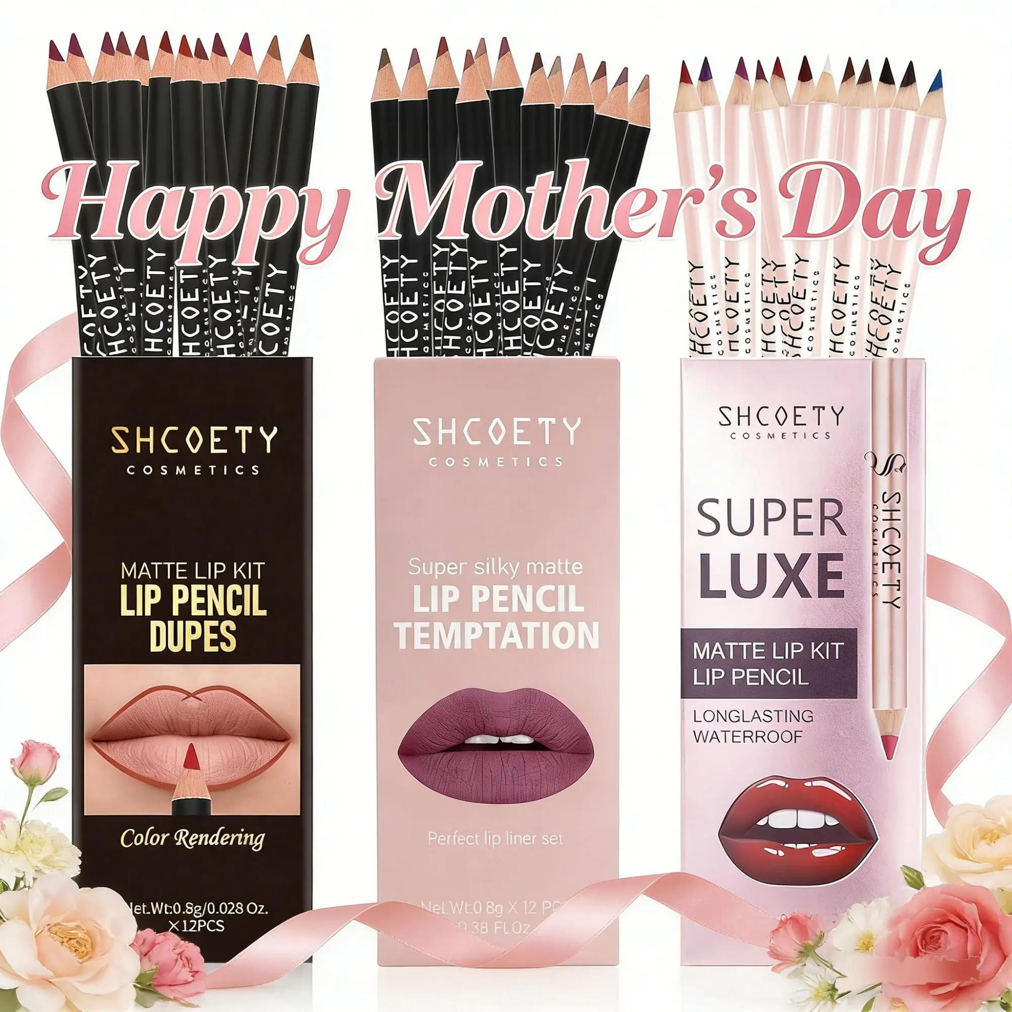 Shcoety Lip Liner Trio Set, Long-Lasting Matte Smooth Lip Liner Kit, Holiday Ball Party, Mother's Day Gift, Multi-Pack, Lipliner, No Alcohol, Lip Liner Pencils, Matte Lip Liners