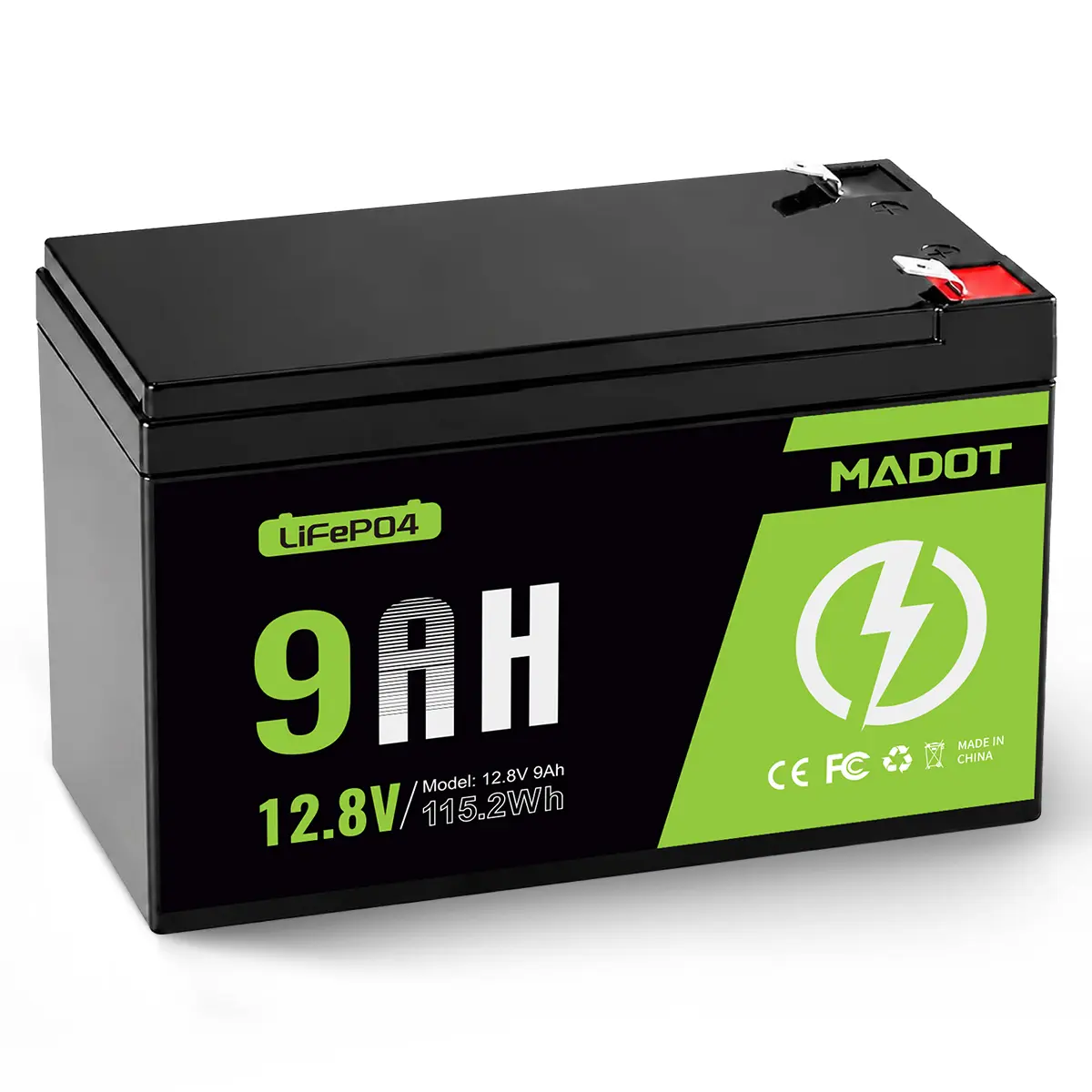 MADOT 12V 9Ah Lithium Battery, Deep Cycles Rechargeable LiFePO4 Battery 2000+ Cycles BMS Replacement for Alarm System, Fish Finder, Lighting, UPS, Ride on Toys