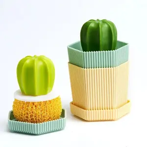 Cactus-Shaped Dish Brush with Drain Tray, Durable Kitchen Cleaning Set, Suitable for Plates Bowls Pots and Sinks