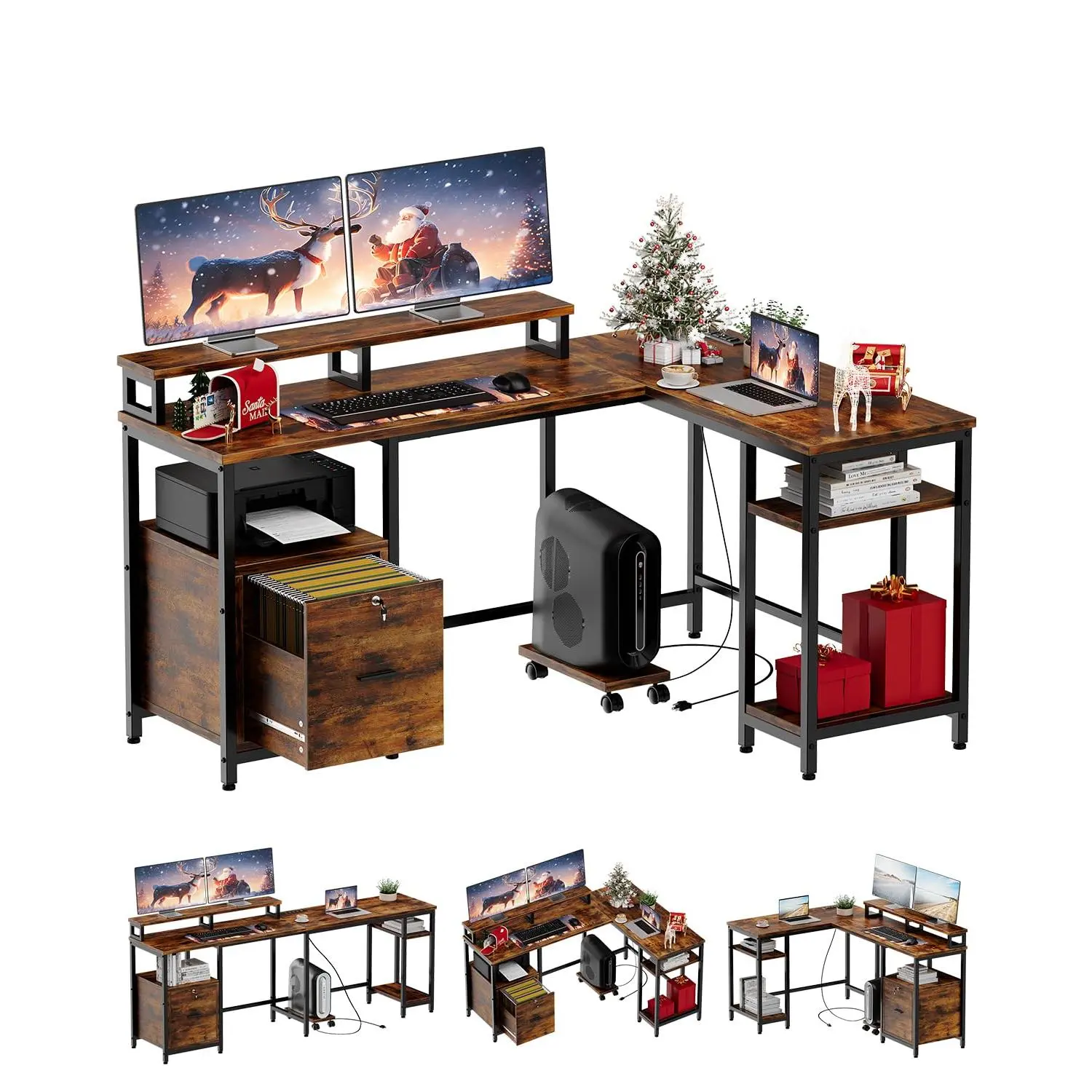 GAOMON L-Shaped Computer Desk with Built-in Power Strip, Reversible Design Gaming Workstation, Includes Monitor Stands, Adjustable Shelf & File Drawer - 3 Setup Options in Classic Brown Finish