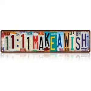 Vintage 11:11 Make A Wish Metal Wall Sign - Retro Aluminum Home Decor for Bar, Coffee Shop, or Inspirational Gift, 16 x 4 Inches, Multicolored Distressed Design, Metal Wall Art Decor