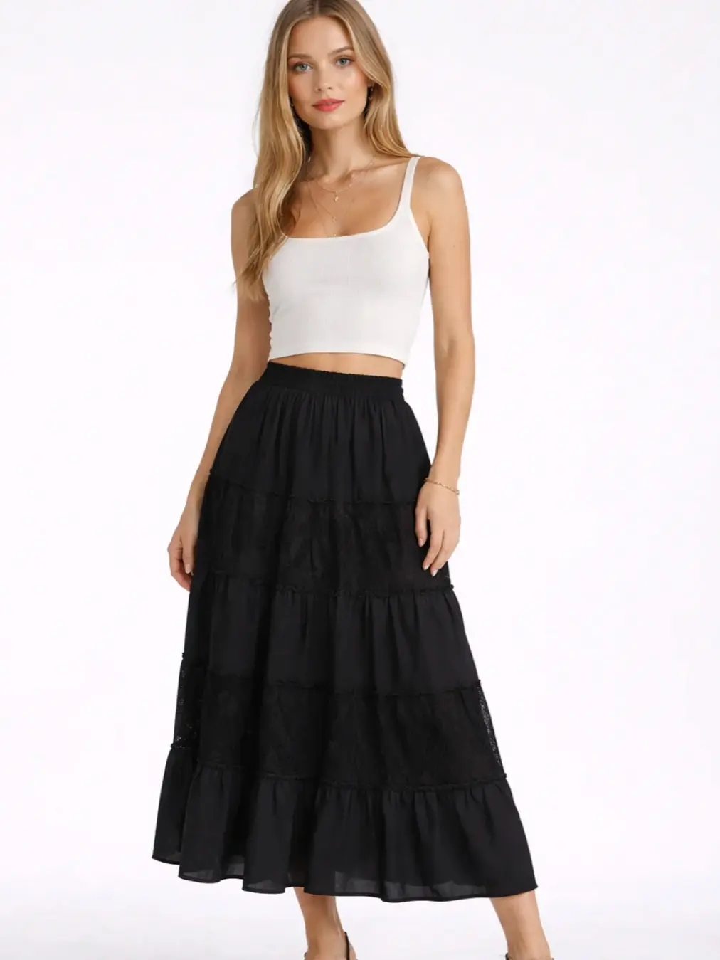 Forever 21 Women's High-Rise Plain Airy Chiffon Tiered Skirt - Elastic Waist, Fully Lined, Fitted Bottoms, Lightweight Smooth-Drape Fabric, Casual, Croptop Friendly, Affordable Womenswear for Blouse Pairing, Chic