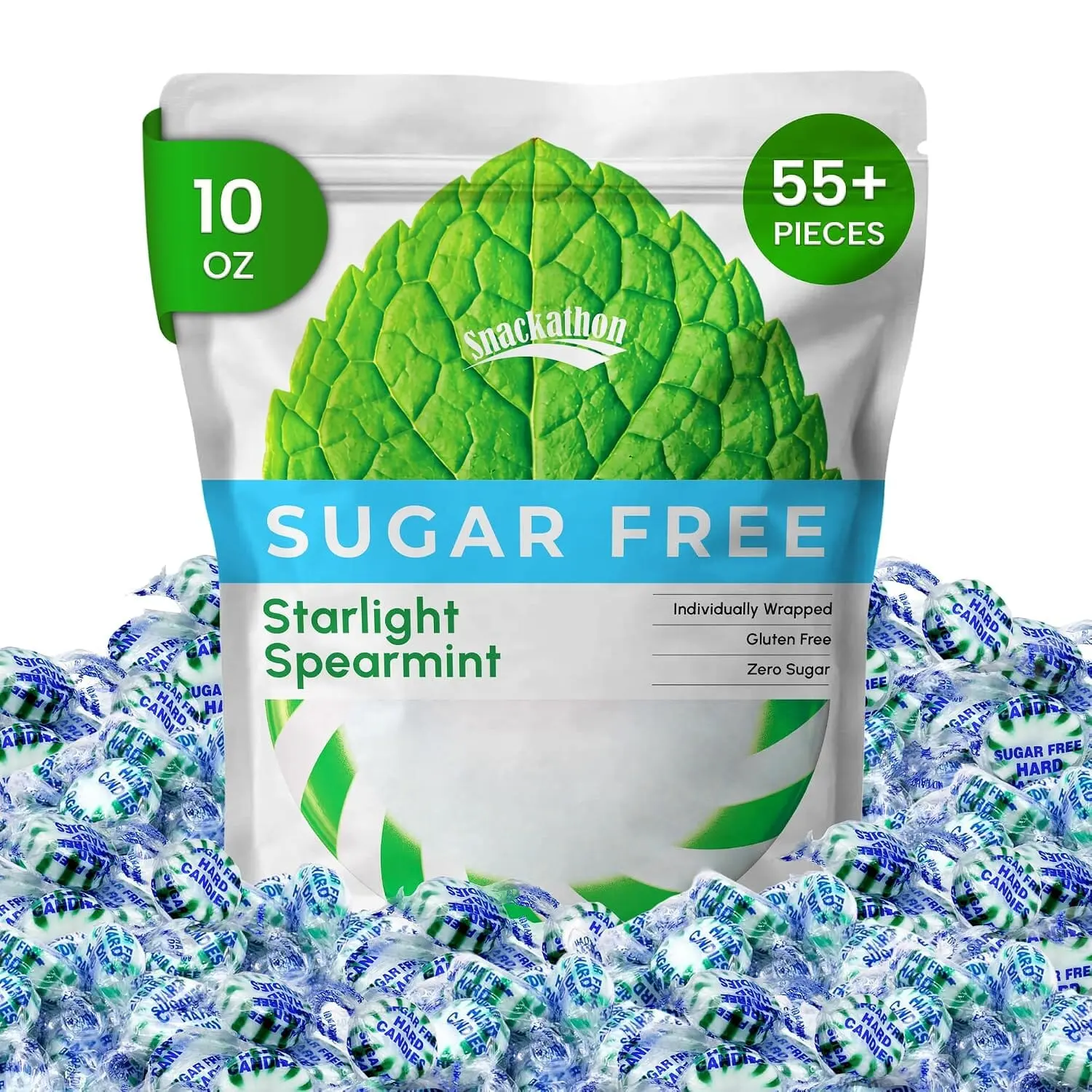 Snackathon Sugar Free Spearmint Starlight Mints Hard Candy, Resealable Bag, Individually Wrapped Spearmints, Gluten-Free, For Snacks & Offices