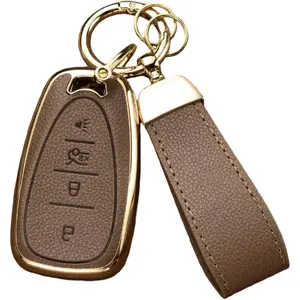 Key Fob Cover for Chevy with Keychain, Upper Leather + Soft TPU Key Cover Case for 2016-2021 Equinox Malibu Camaro Cruze Blazer Traverse Trax (4-Buttons, Brown)