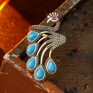 S925 Sterling Silver Fashion Turquoise Decorated Ring, Sterling Silver Rings, Vintage Court Style Water Drop Design Ring, Elegant Jewelry Accessories for Mom