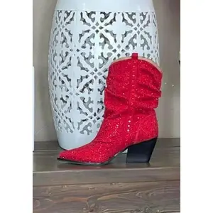 Jessica Simpson Women's Stylish Red Mid-Calf Round Toe Boots with Rain Drop Stones - Bridal Western Design Shoe Footwear