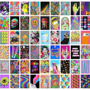 54PCS Hippie Room Decor, Trippy Aesthetic Wall Collage Kit, Indie Posters for Room Aesthetic, Trendy Small Posters for Dorm, Trippy Wall Art Print for Girls Boys, Bedroom Decor for Teen Girl