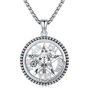 Bernashen S925 Sterling Silver Tetragrammaton Necklace Pentagram Pendant for Men, Pentacle Amulet Energy Pendant Tetragrammaton Jewelry Gifts for Men