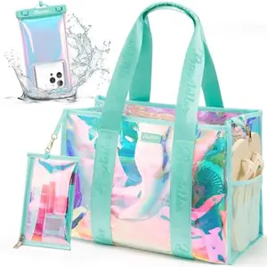 (LIVE ONLY)Bagstellar Beach Bag for Women Clear Iridescent Zipper Pool Swim Beach PVC Tote Bag w/Makeup Bag & Waterproof Phone Pouch Summer Essentials for Sports Events Concert Beach Work Swimming pool Easter Basket Organiser