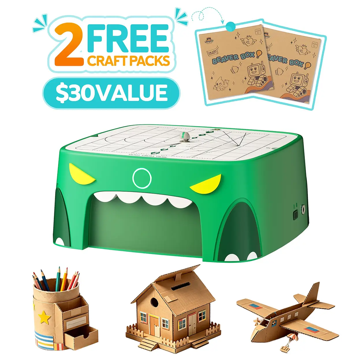 BEAVERBOT Kids Bladeless Cardboard Cutter Tool (Ages 3+), Safe STEM Educational Arts & Crafts Toy with Aluminum C2, Smooth & Stable Cutting, Dual-Speed Control, Upcycled DIY Model Building Gadget, Includes 2 Bonus 3D Paper Puzzle DIY Craft Kits