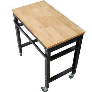 35' Wide Rolling Workbenches with Rubber Wood Top Black Hammertone Leg Adjustable Height Metal