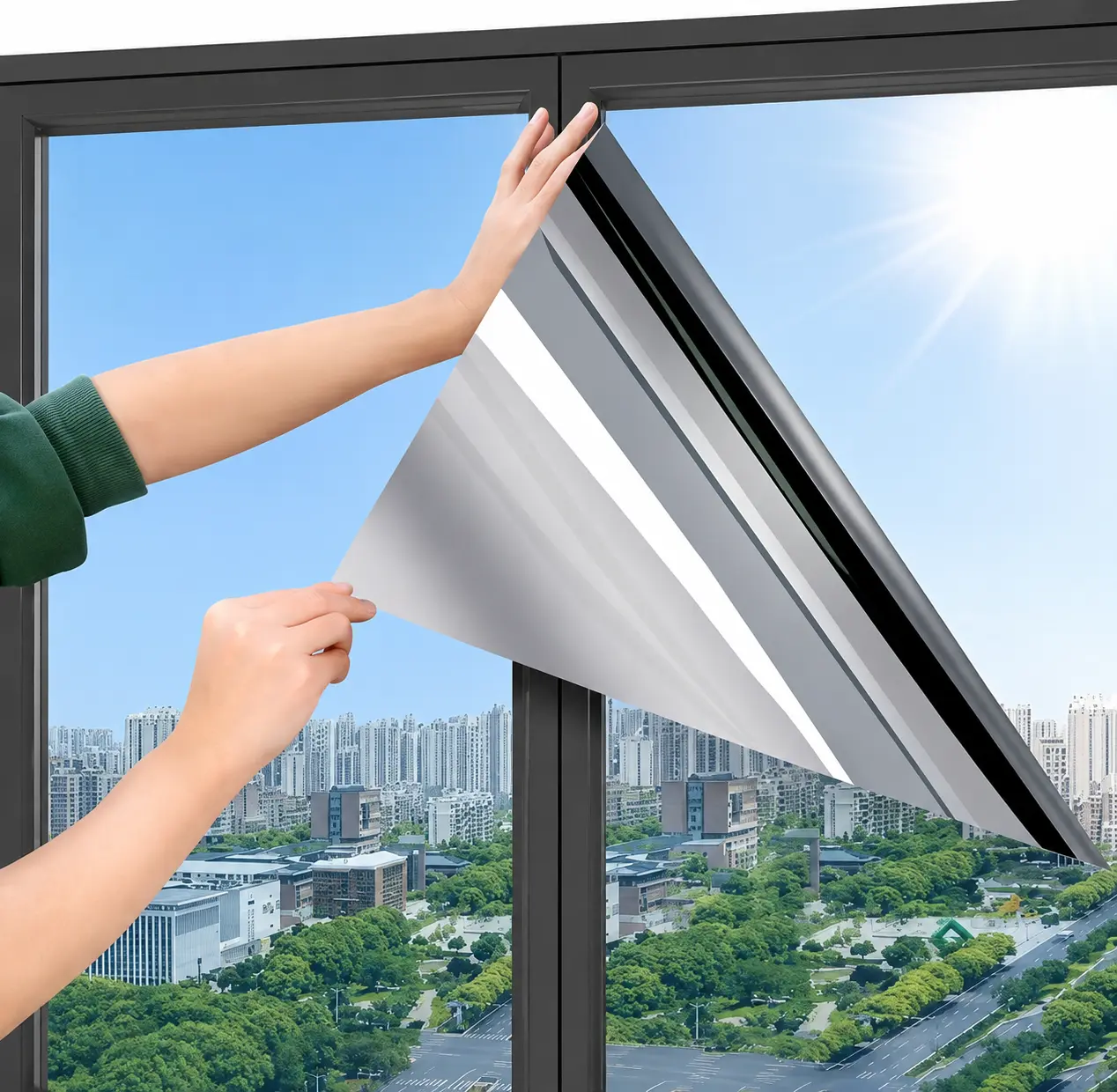 Window Privacy Film One Way Daytime Privacy Static Cling Sun Blocking Anti UV Reflective Window Tint for Home and Office, Black-Silver, 17.5 Inch X 6.5 Feet