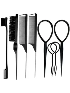 8-Piece Hair Brush Set, Includes 4 Topsy Tail Tools, 1 Teasing Brush, 1 Edge Control Brush, 2 Metal Needle Brushes, and