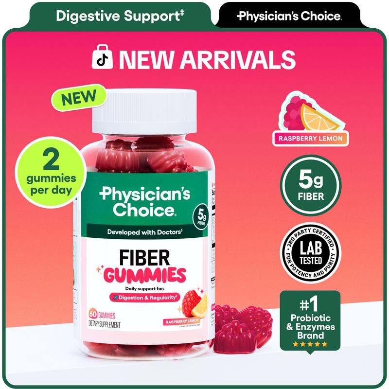 Physician’s Choice Fiber Gummies for Digestive Health & Regularity - Raspberry Lemon Flavor - No Sugar Added & Vegan - Daily Gummy for Adults
