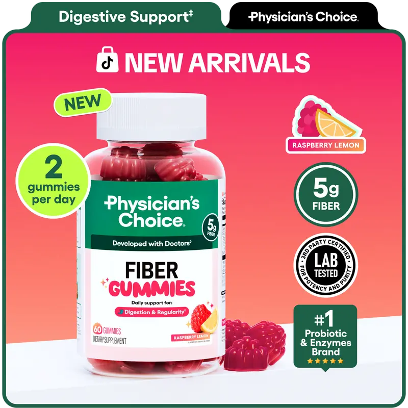 Physician’s Choice Fiber Gummies for Digestive Health & Regularity - Raspberry Lemon Flavor - No Sugar Added & Vegan - Daily Gummy for Adults