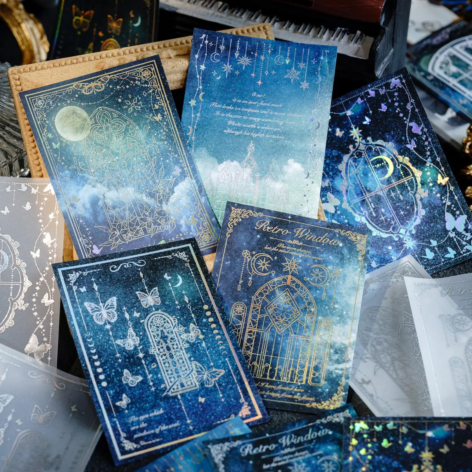 15pcs/pack Mixed Material Hot Stamping Sulfuric Paper, Shining Galaxy Starlight Butterfly Pattern Decorative Craft Card, Aesthetics Decorative Paper F