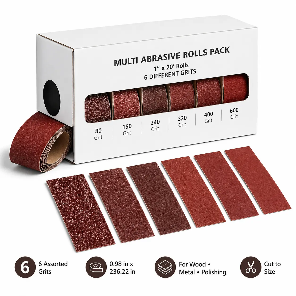 6 Grits Wet Dry Sandpaper Roll Kit 1" x 20FT, 80-600 Grit Multi-Purpose Abrasive Sanding Rolls for Rust Grinding Burr Removal, Steel Aluminum Metal Repair, Automotive Wood Furniture Packaging Polishing Tools