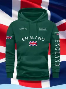 Men's Fall Winter British Flag Print Hoodie, Casual Fitted Pullover, Drawstring Pocket Design, London City Style, Street Fashion Essential