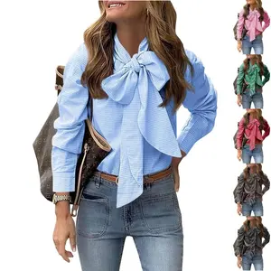 Imily Bela Womens Plaid Shirts Bow Tied Neck Button Down Long Sleeve Casual Dressy Blouse Tops Womenswear Chic