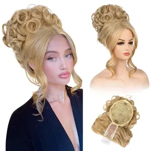 Bun Hair  with Bangs - 2-in-1 Hair Bun Hairpieces Curly Updo Wig & Hair Topper with Long Side Bangs -Looking Drawstring Ponytail Extension for Women - Honey Blonde