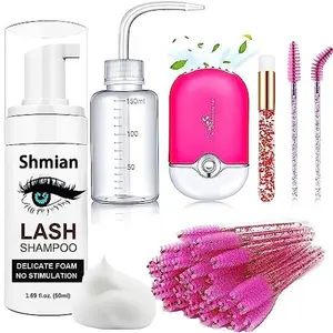 Lash Shampoo for Lash Extensions, Lash Fan 50ml Eyelash Foam cleanser with 50 Pcs Eyelash Brush and Rinse Bottle Oil Free/Sulfate Free Eyelash Wash Remover For Eyelash Extension Makeup, Rose