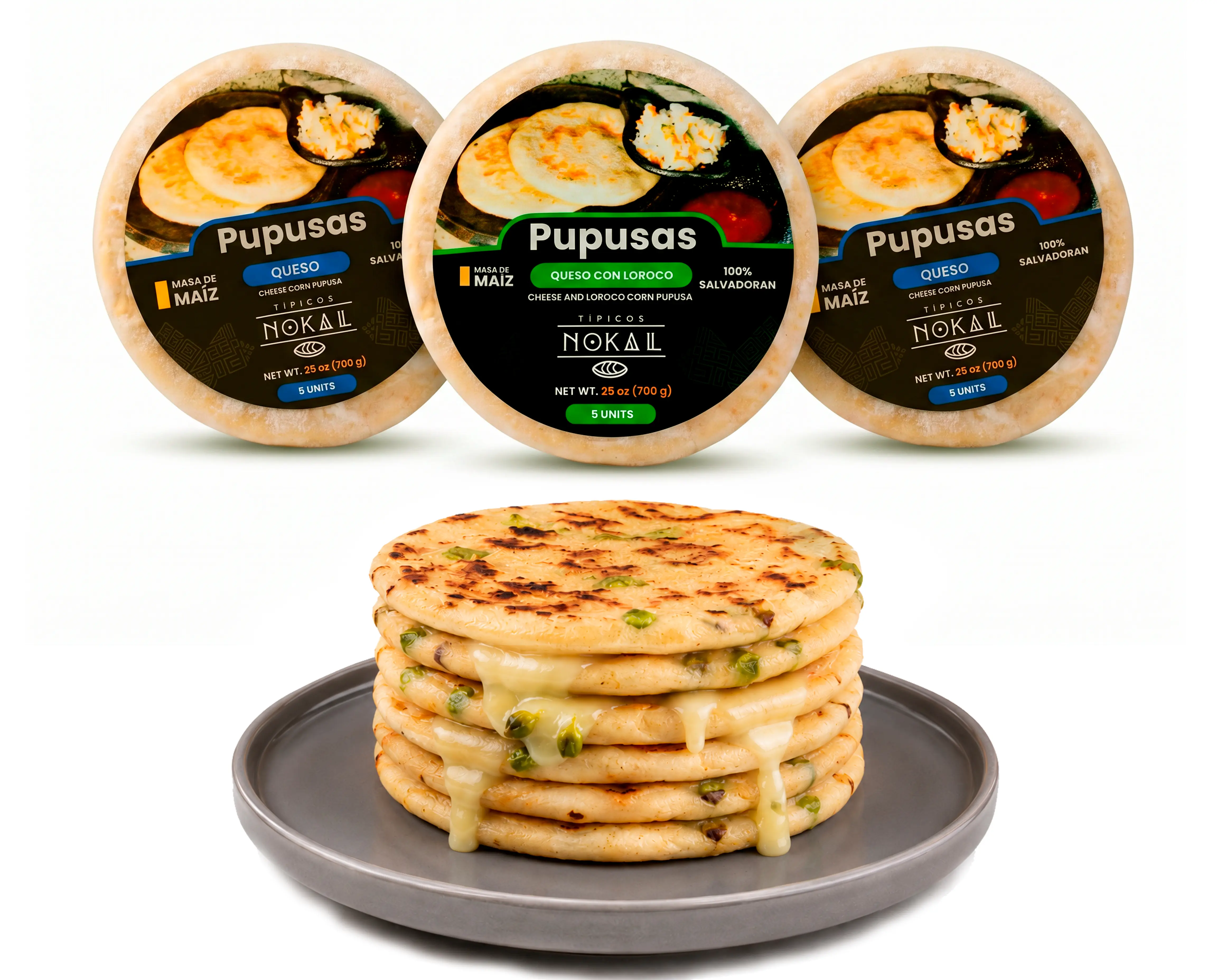Typical Nokal Pupusas Mix, 10 Cheese and 5 Cheese & Loroco Pupusas, Authentic Salvadoran Pupusas, 15 ct, 75 oz. Family Pack Traditional