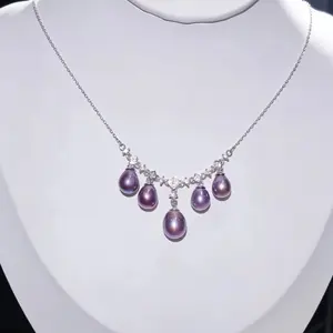 NC01-Deep Demon Purple Pearl Necklace with S925 Sterling Silver Chain with Zircon Decoration Natural Freshwater Teardrop Pearl Necklace