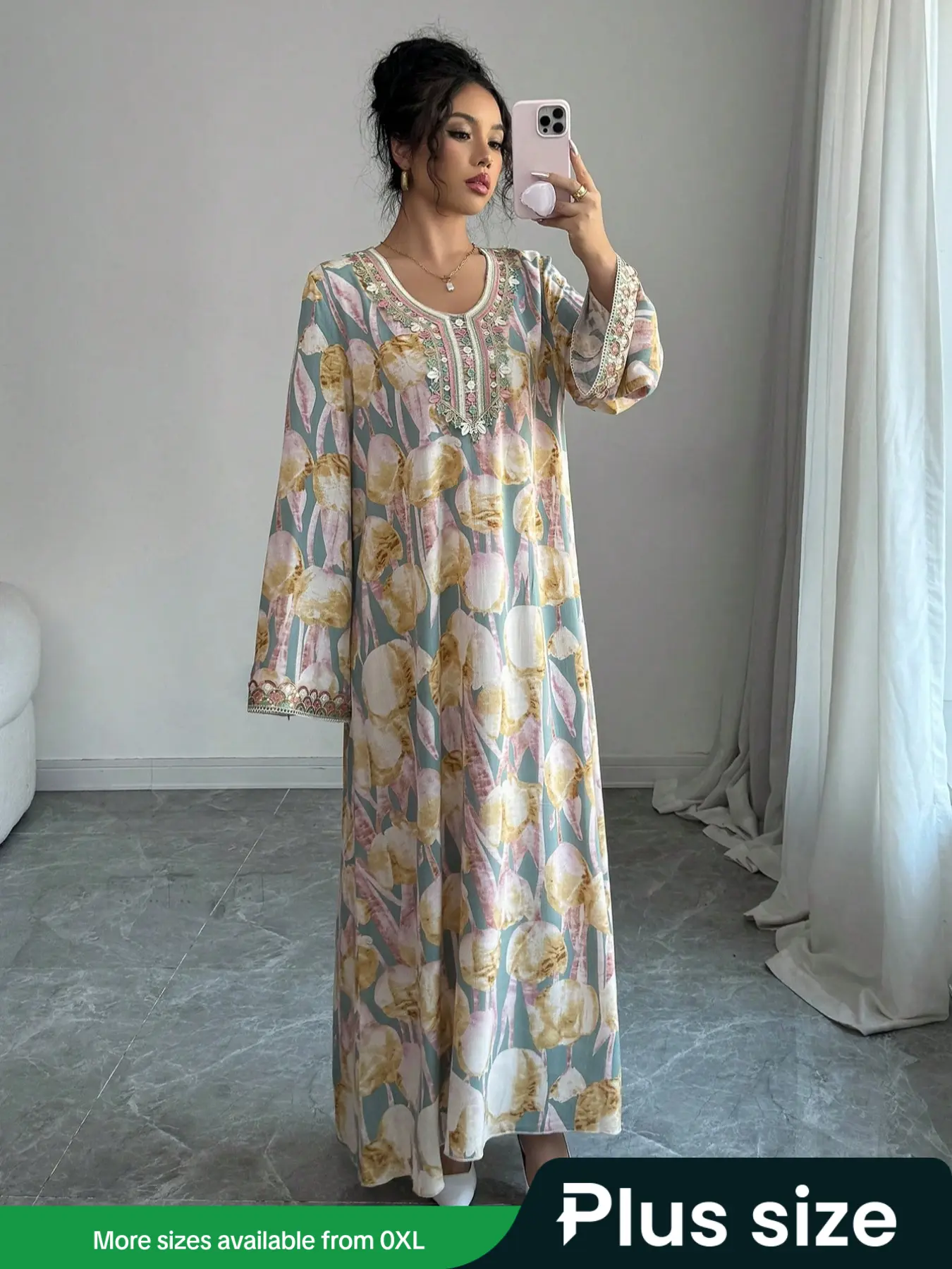 Elegant Boho Floral Embroidered Dress, Round Neck Long Sleeve Maxi Dress, Loose Fit Knee-Length Fashion for All Seasons