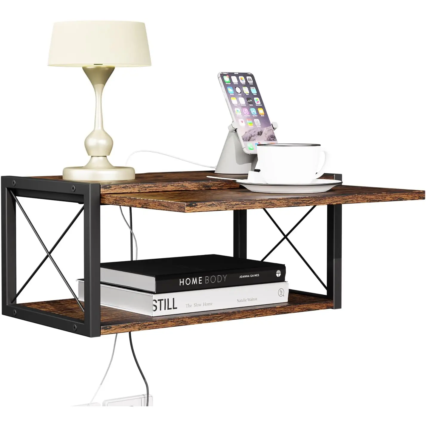 2-Tier Floating Nightstand, Wall Mounted Bedside Table,  Bedside Shelf Wall Mounted Nightstand, Floating Bedside Table Wall Shelf for Bedroom, Living Room, Kitchen, Office, Rustic Brown