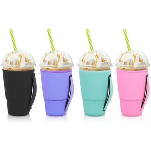 4 Pack Reusable Neoprene Insulated Iced Coffee Sleeve for Cold Drinks, Fits 30-32oz Large Coffee Cups, Solid Color with Handle Cup Holder