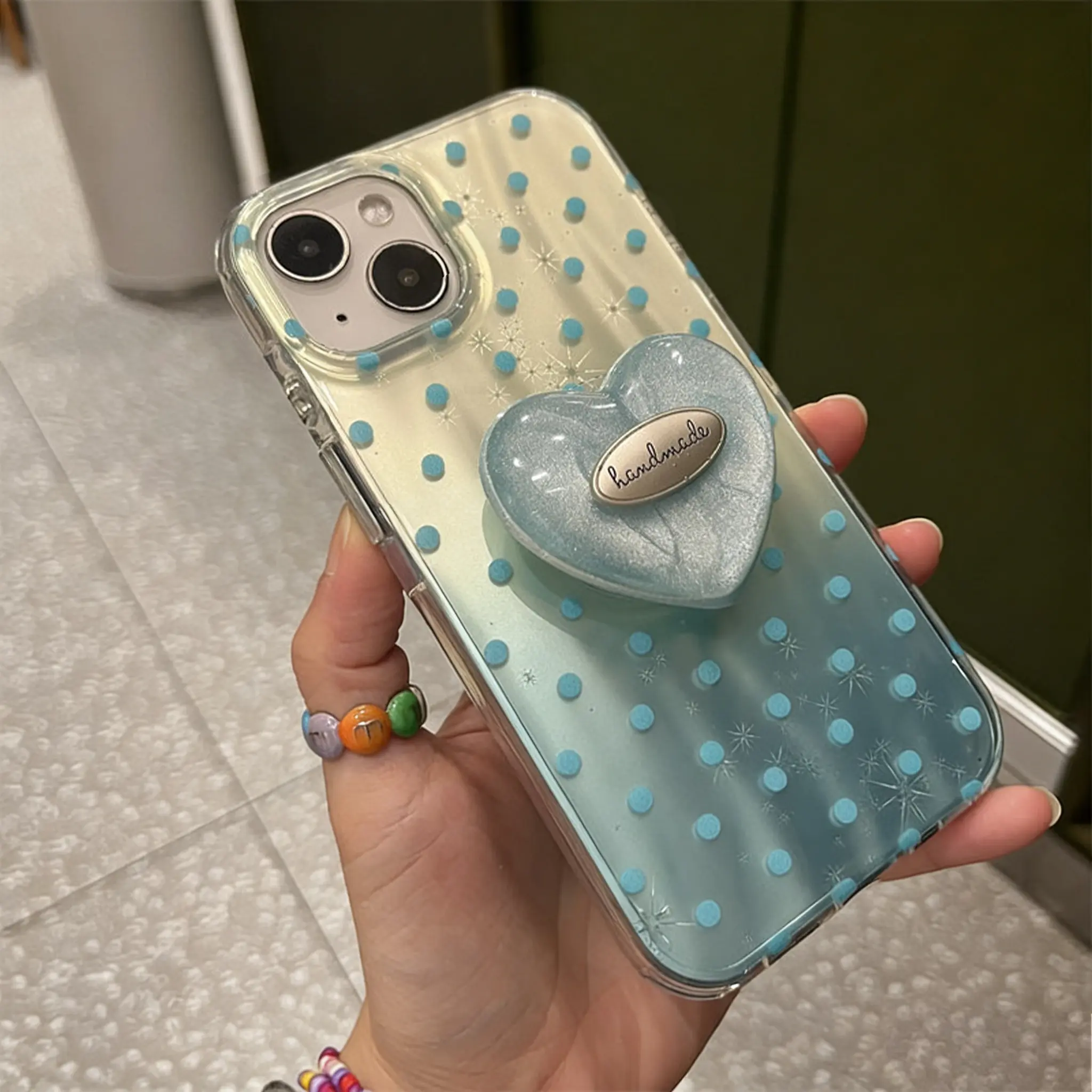Phone case suitable for iPhone | Blunt mint blue polka dots | Same nameplate blue glitter love stand | Gift | Protective Phone case 11 12 13 14 15 16 17 Pro Max Cover