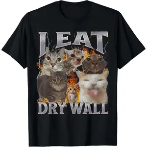 [Graphic T-Shirt][Funny T-Shirt]Funny Cat Meme Graphic T-Shirt "I Eat Drywall" Humor Tee for Men Women, Viral Internet Joke Shirt, 100% Cotton Soft Breathable Casual Streetwear, Trendy Unisex Outfit, Oversized Comfort Fit, Gift Idea for Meme Lov