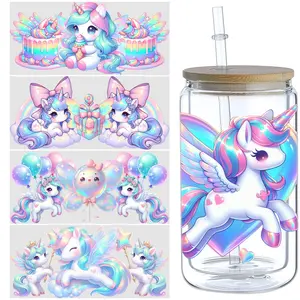 5 Unicorn Girl UV DTF Cup Stickers, Waterproof Erasable Transfer Paper, Fits 16 Oz Glass Cups, Crafts, Furniture