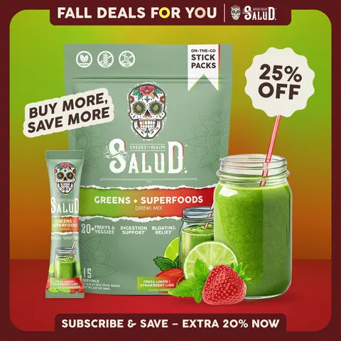 Salud 2-in-1 [Greens + Superfoods] Daily Greens Drink Mix, Agua Fresca, Gut Health & Bloating Support, Probiotics & Prebiotics, Vegan, Non-GMO, Easy-to-Drink Greens Powder (15 Servings)