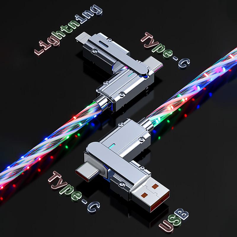 [Buy 1 get 2 free]2-in-1 240W RGB Flowing Light Fast Charging Cable, Zinc Alloy Rotatable Multi-Interface Cord, Compatible with iPhone Android, Luminous USB Type-C Lightning Charger