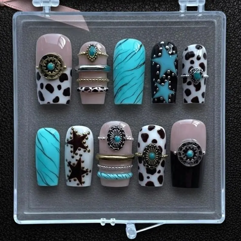 Western Cowgirl Press on Nails Coastal Boho Jewelry Art Turquoise Cow Print Stars