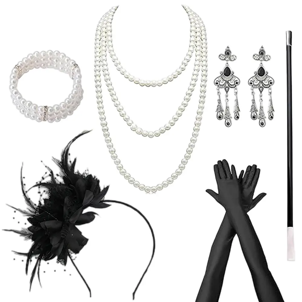 Women's 6-Pack Luxury Female Great Gatsby Flapper Complete Kit - Floral Feather Headband, Pearl Necklace, Cigarette Rod, PC Plastic Black Gloves, Easy On/Off Exquisite Metalwork Drop Earrings - Vintage Glamour Evening Party Accessory Gift, Elegant, Carefu